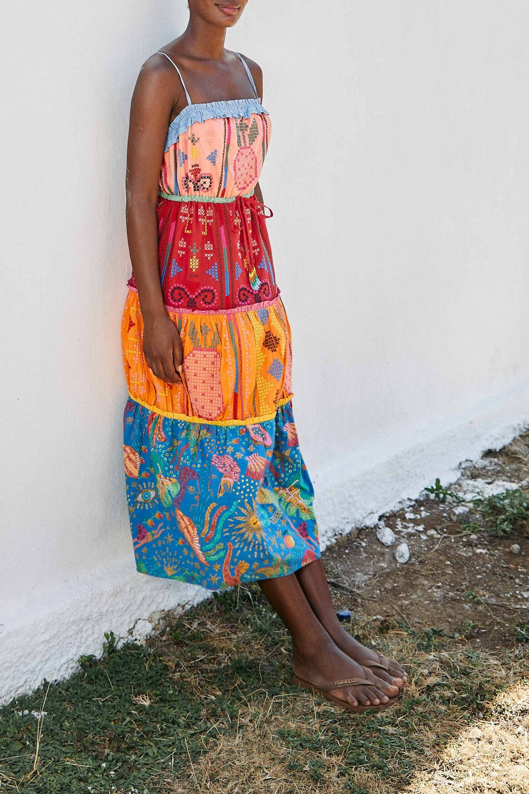 Robe midi brodée Color Block en coton - Multicolore
