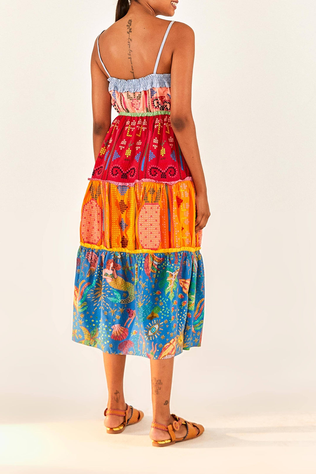 Robe midi brodée Color Block en coton - Multicolore