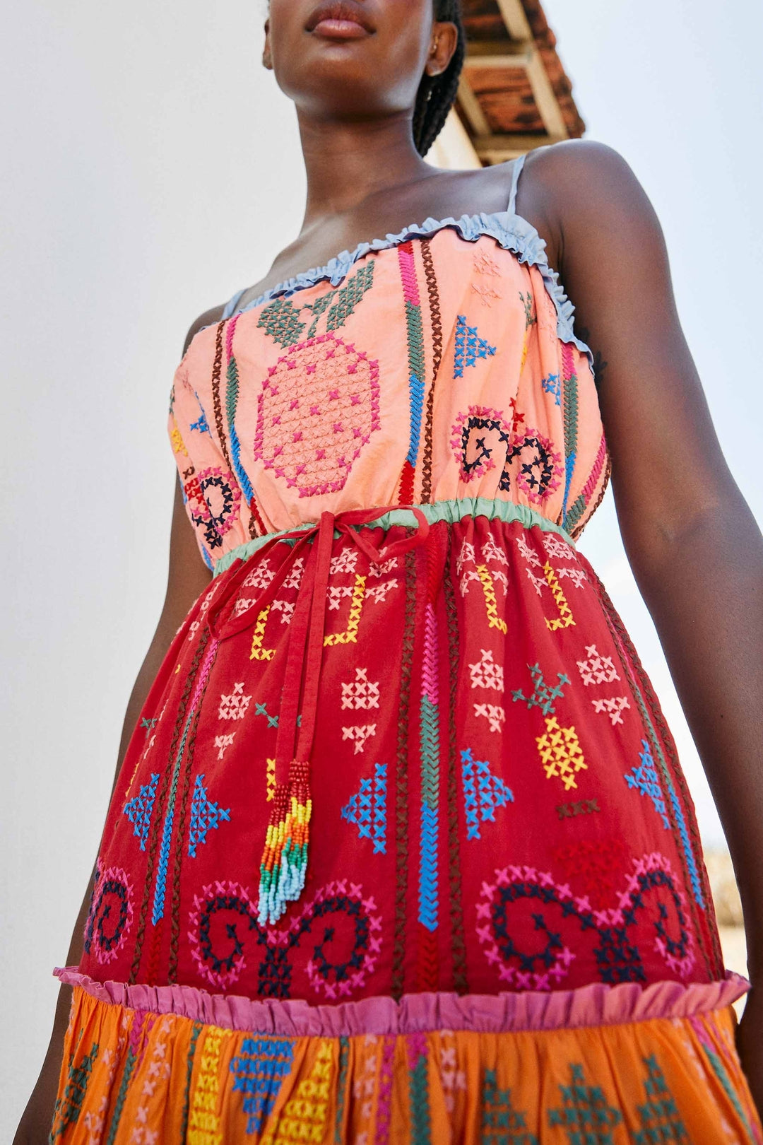 Robe midi brodée Color Block en coton - Multicolore
