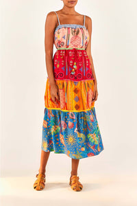 Robe midi brodée Color Block en coton - Multicolore