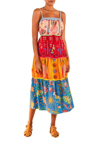 Robe midi brodée Color Block en coton - Multicolore