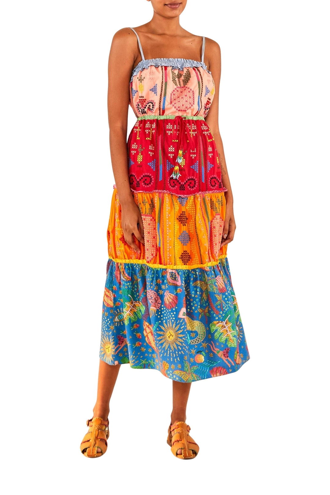Robe midi brodée Color Block en coton - Multicolore