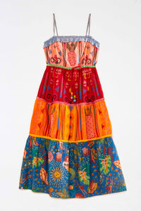 Robe midi brodée Color Block en coton - Multicolore