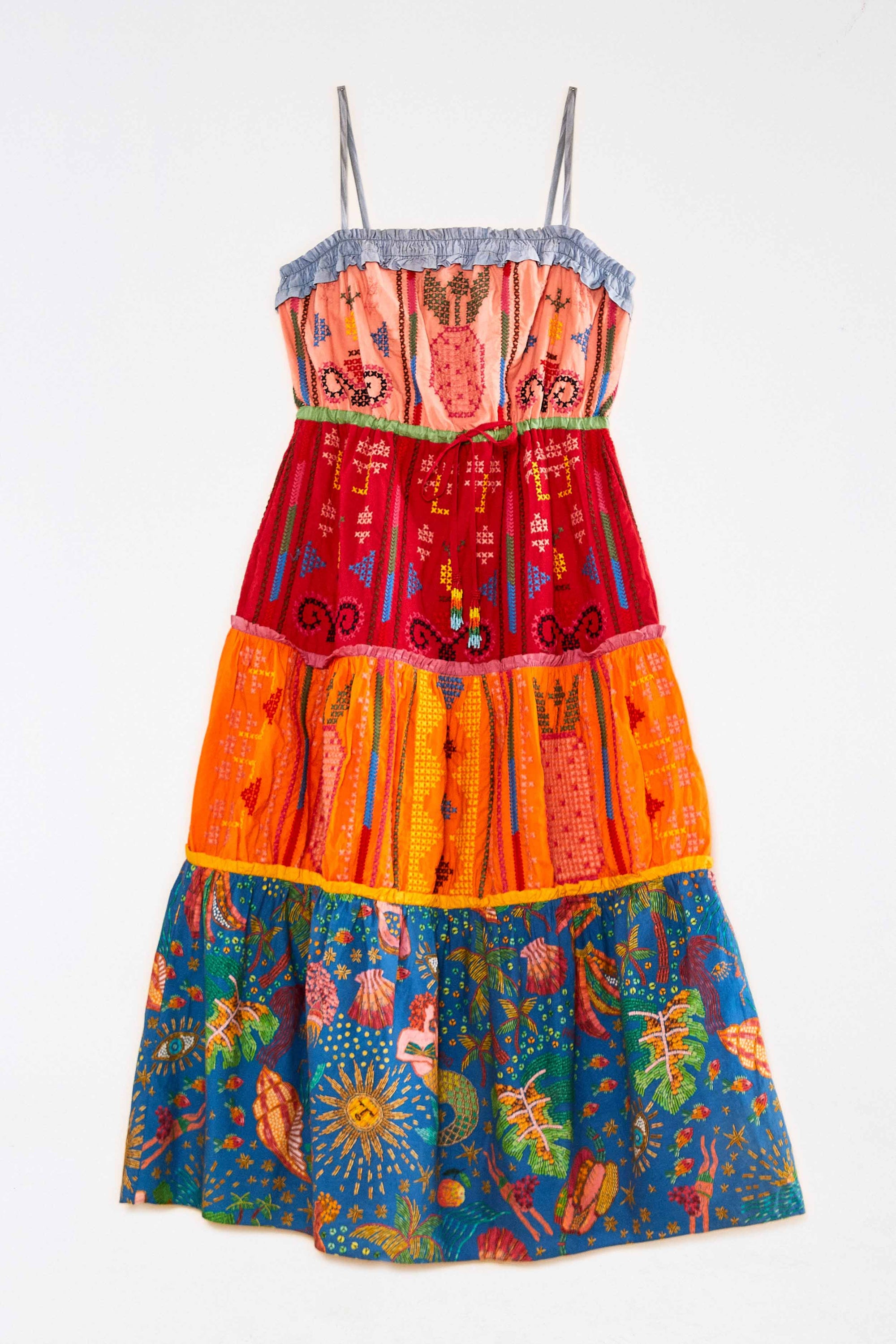 Robe midi brodée Color Block en coton - Multicolore