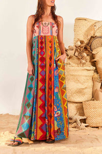 Robe longue brodée Color Block en coton - Multicolore