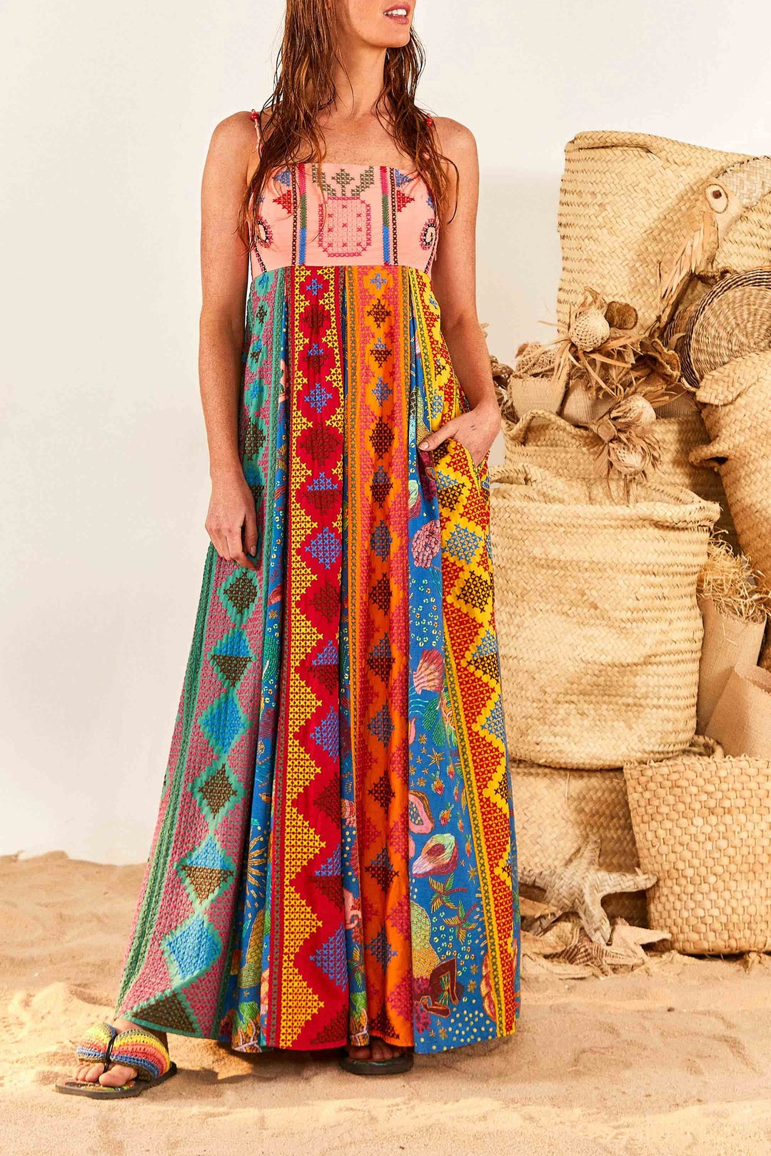 Robe longue brodée Color Block en coton - Multicolore
