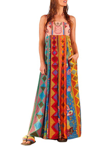 Robe longue brodée Color Block en coton - Multicolore