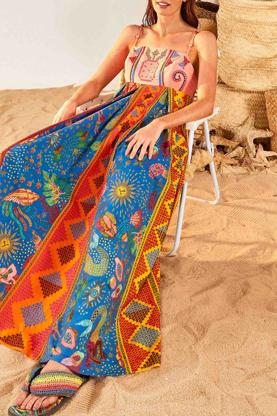 Robe longue brodée Color Block en coton - Multicolore