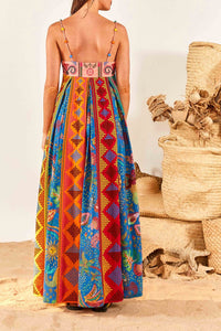 Robe longue brodée Color Block en coton - Multicolore