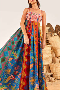 Robe longue brodée Color Block en coton - Multicolore