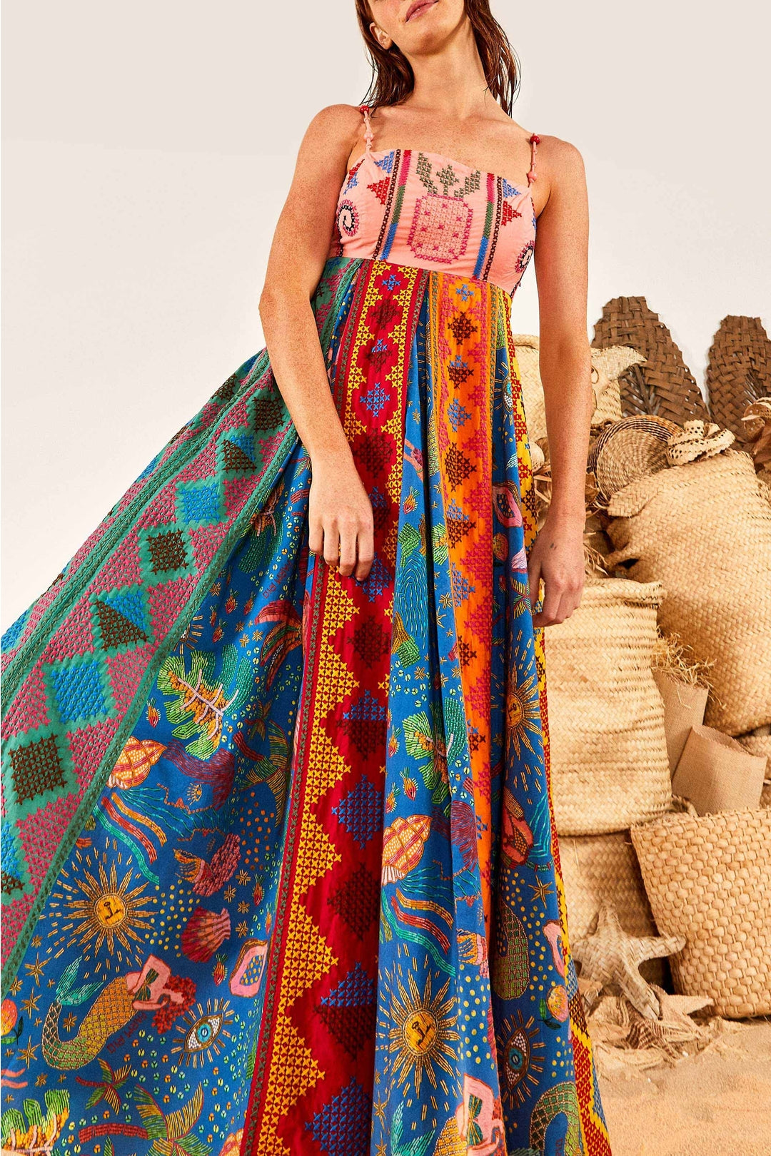 Robe longue brodée Color Block en coton - Multicolore