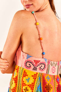 Robe longue brodée Color Block en coton - Multicolore