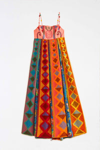 Robe longue brodée Color Block en coton - Multicolore