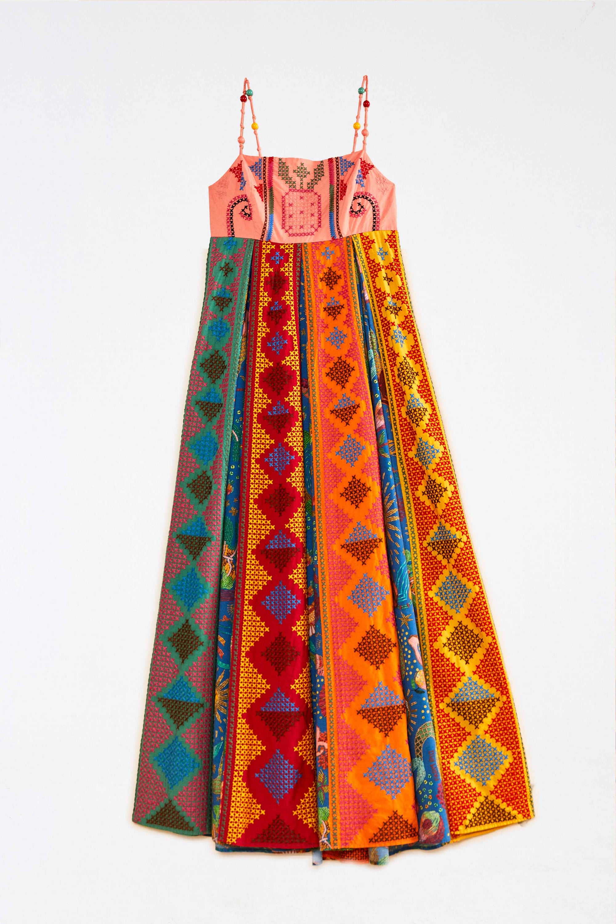 Robe longue brodée Color Block en coton - Multicolore