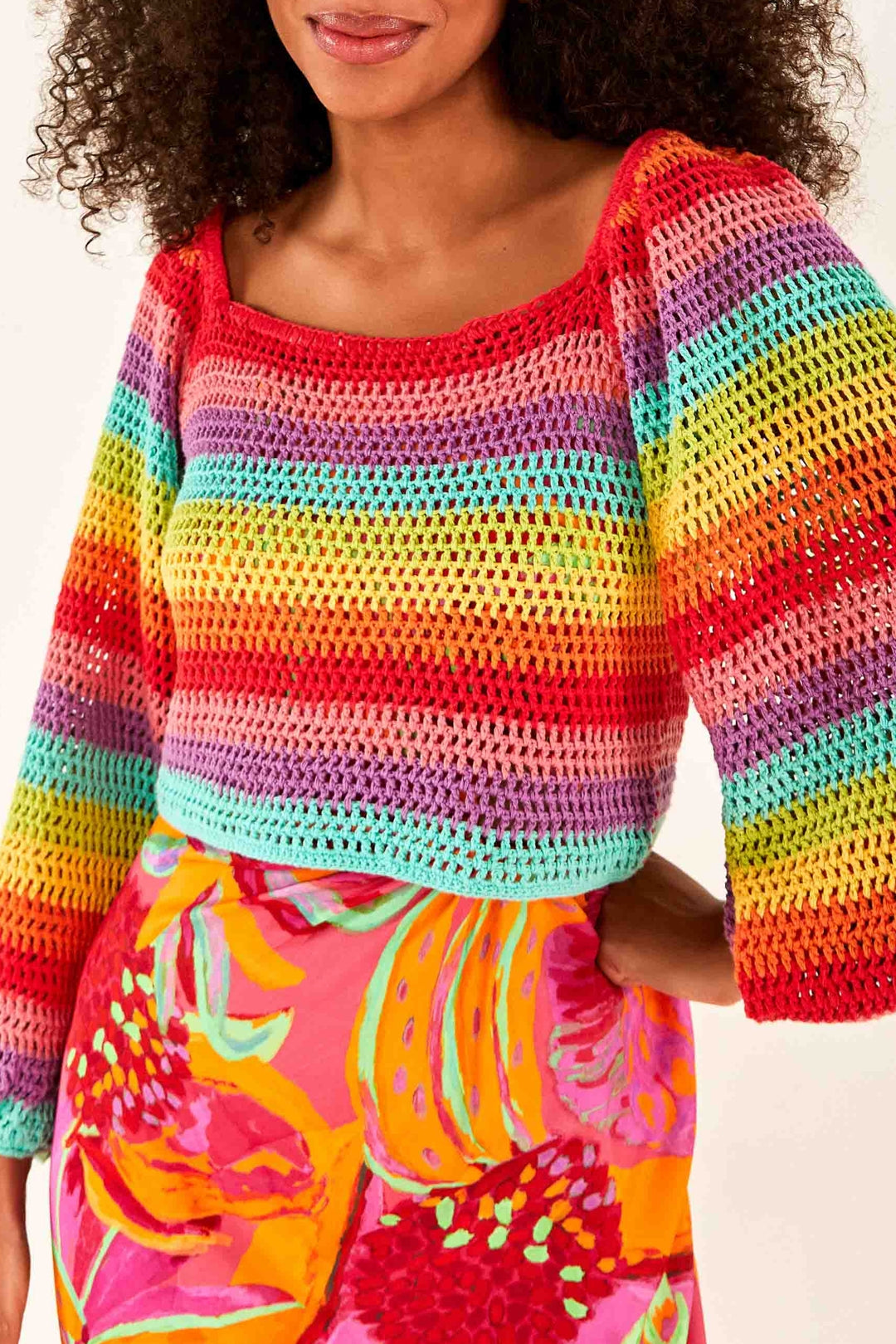 Pull à manches bouffantes en crochet - Multicolore