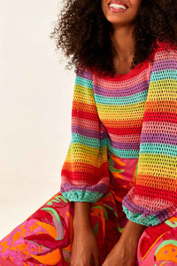 Pull à manches bouffantes en crochet - Multicolore
