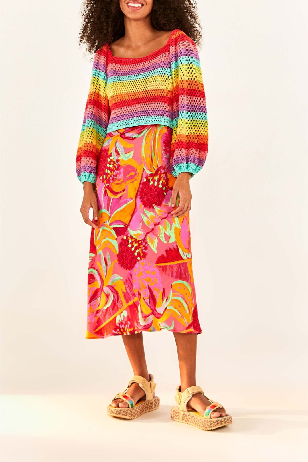 Pull à manches bouffantes en crochet - Multicolore