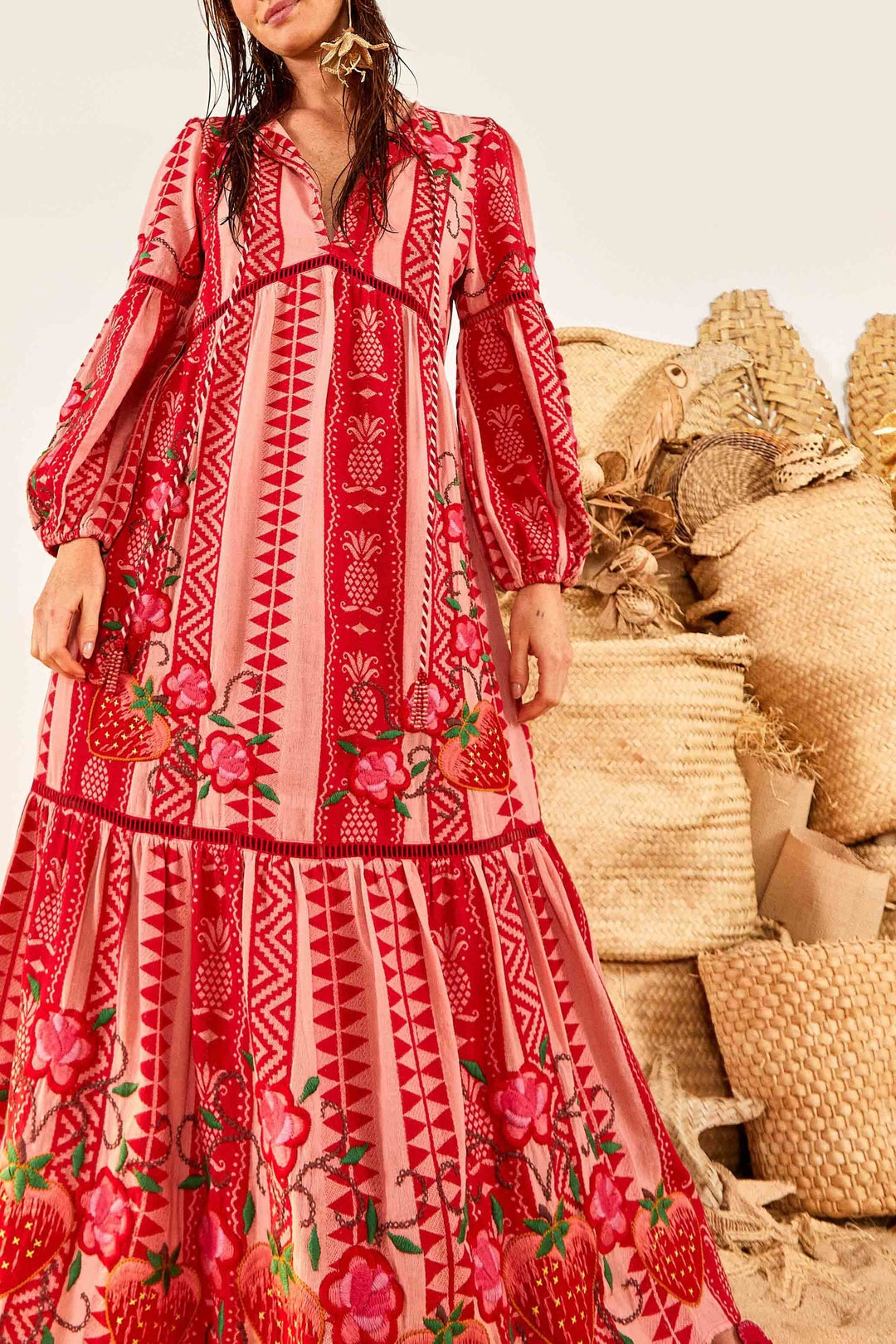 Robe longue Ananas en jacquard en coton - Rouge