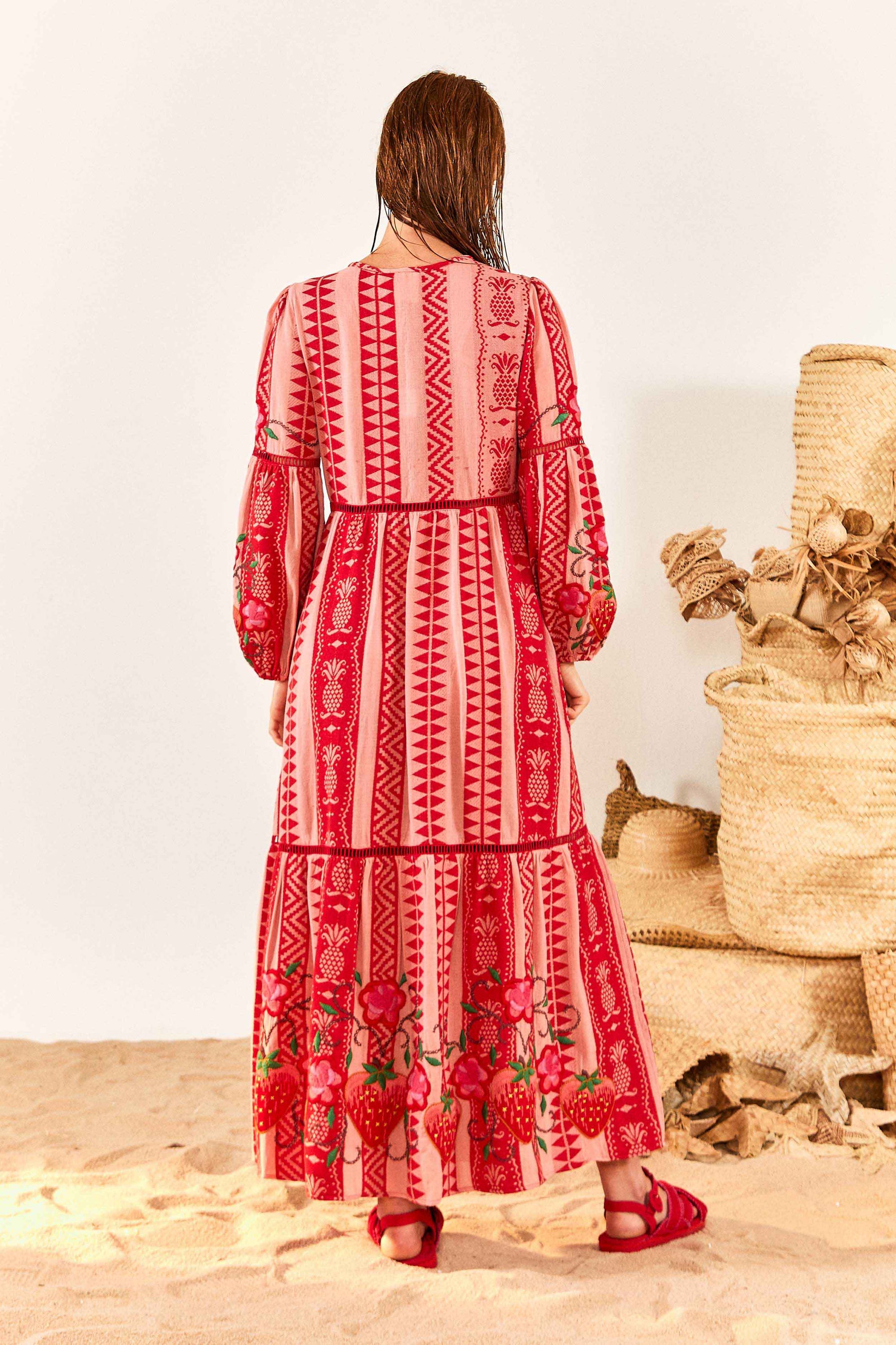 Robe longue Ananas en jacquard en coton - Rouge