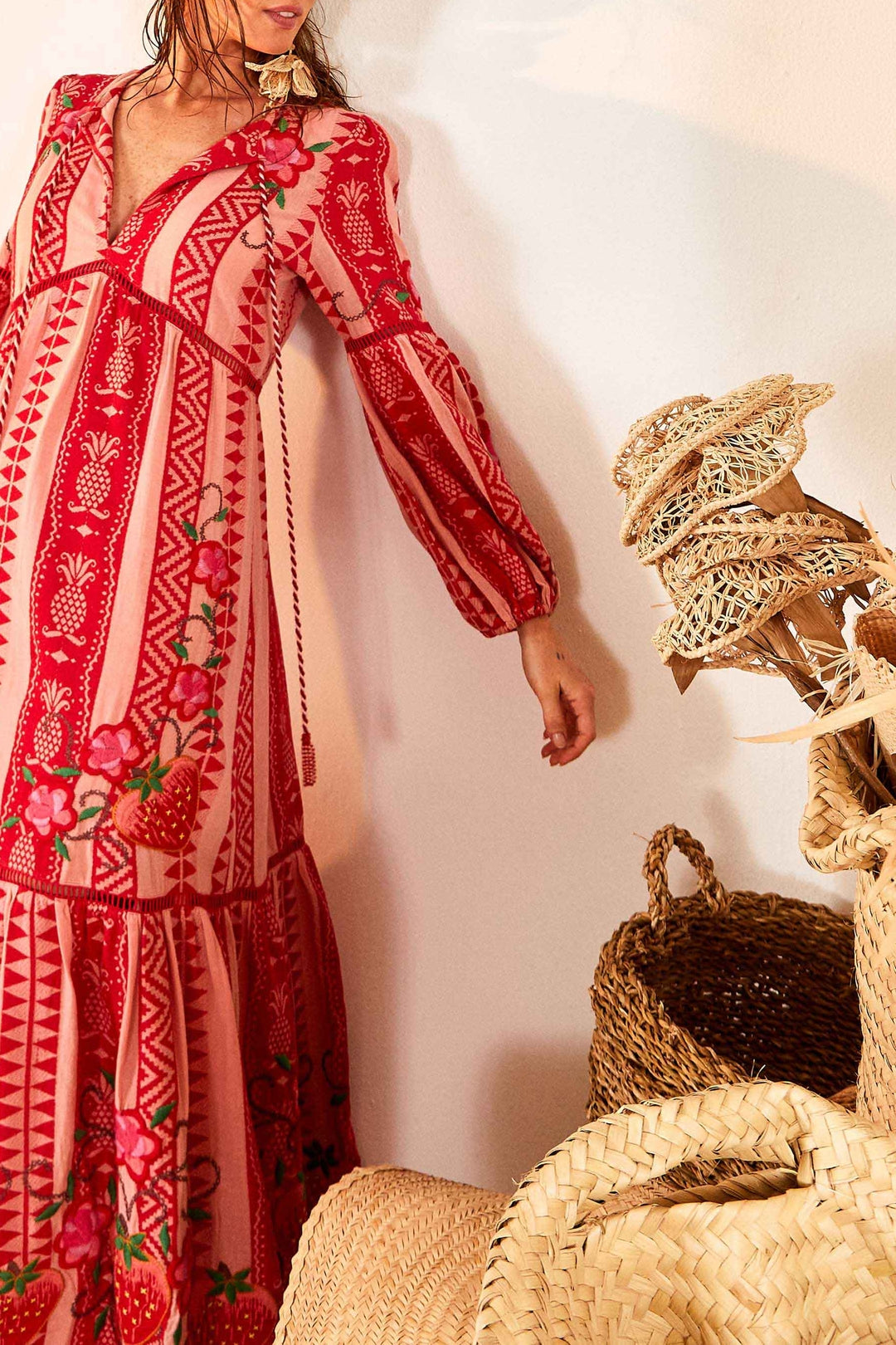 Robe longue Ananas en jacquard en coton - Rouge