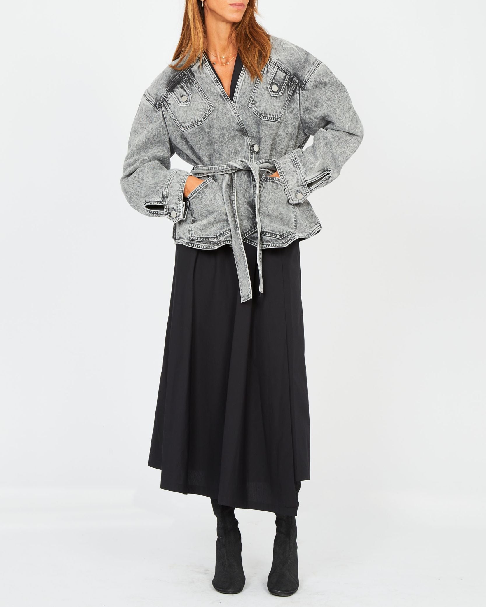 Veste trapèze en denim délavé - Gris Clair
