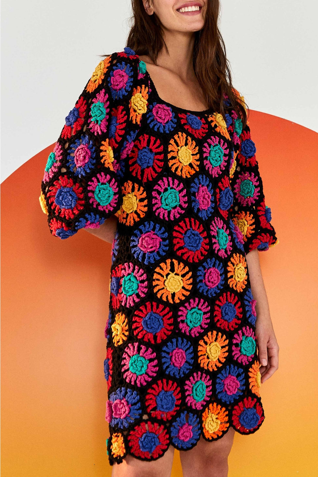 Robe courte à fleurs en crochet en coton - Multicolore