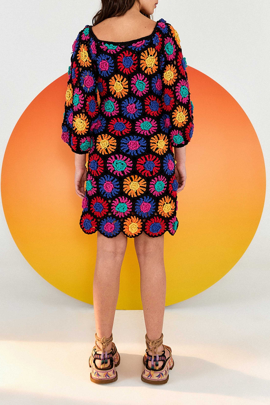 Robe courte à fleurs en crochet en coton - Multicolore