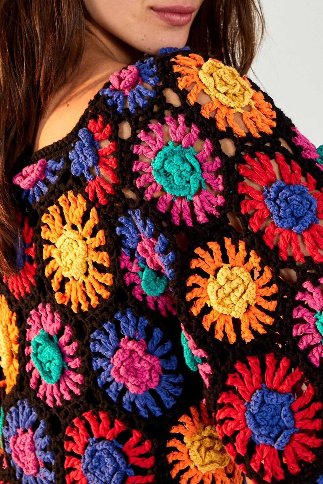 Robe courte à fleurs en crochet en coton - Multicolore