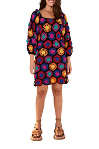 Robe courte à fleurs en crochet en coton - Multicolore