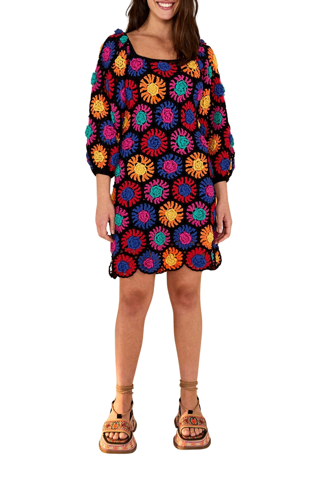 Robe courte à fleurs en crochet en coton - Multicolore