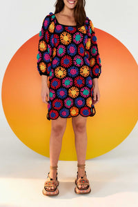 Robe courte à fleurs en crochet en coton - Multicolore