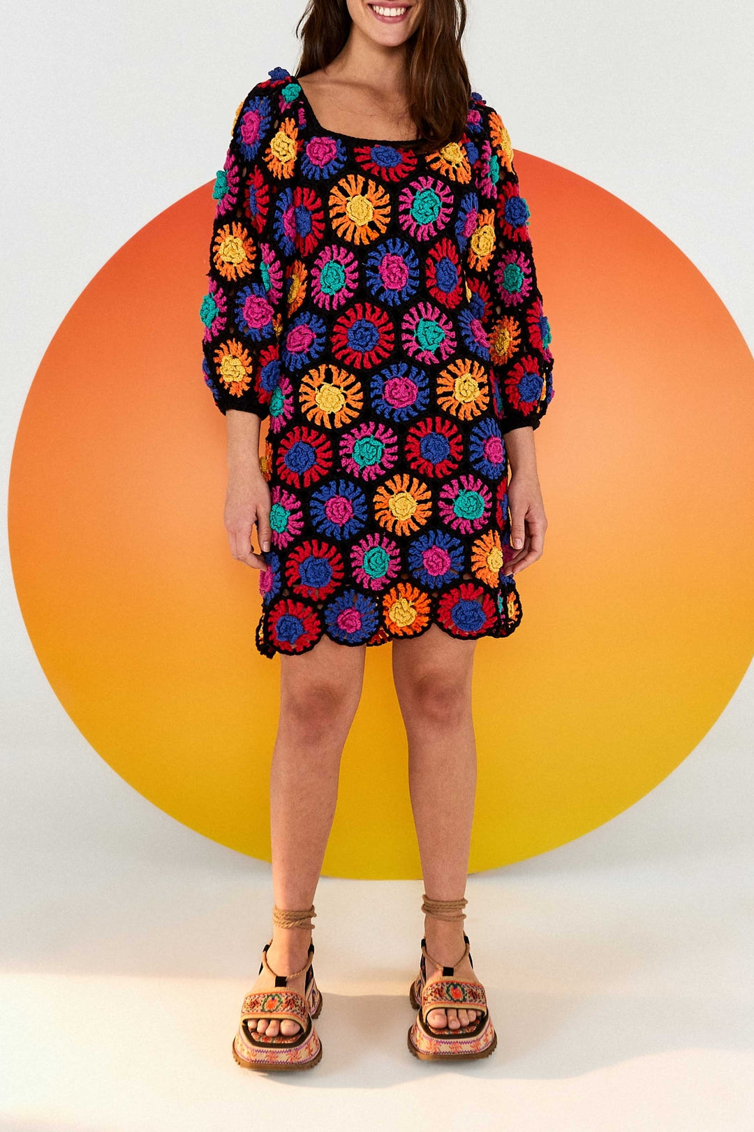 Robe courte à fleurs en crochet en coton - Multicolore