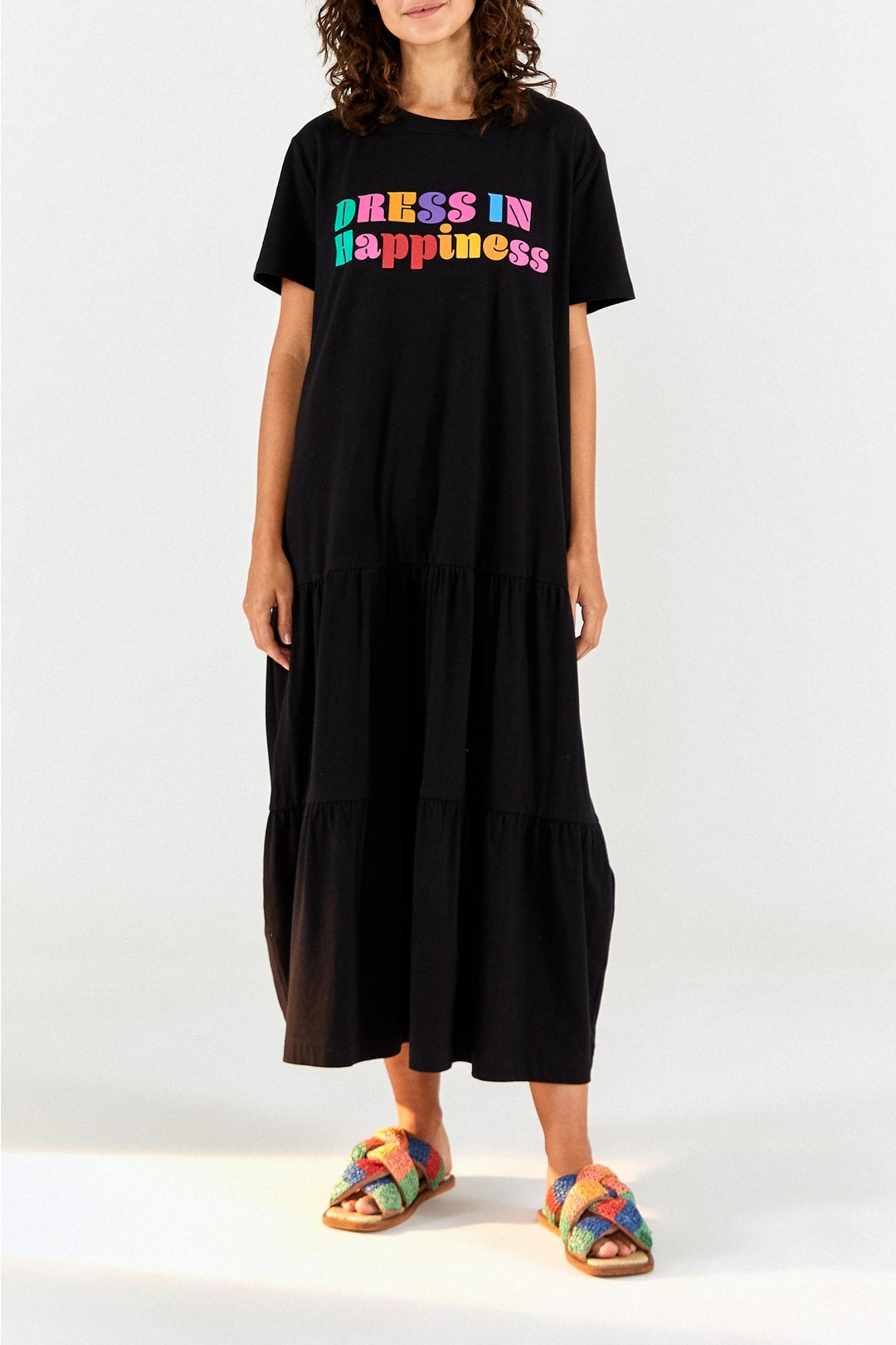 Robe longue In Happiness à manches courtes en coton - Noir