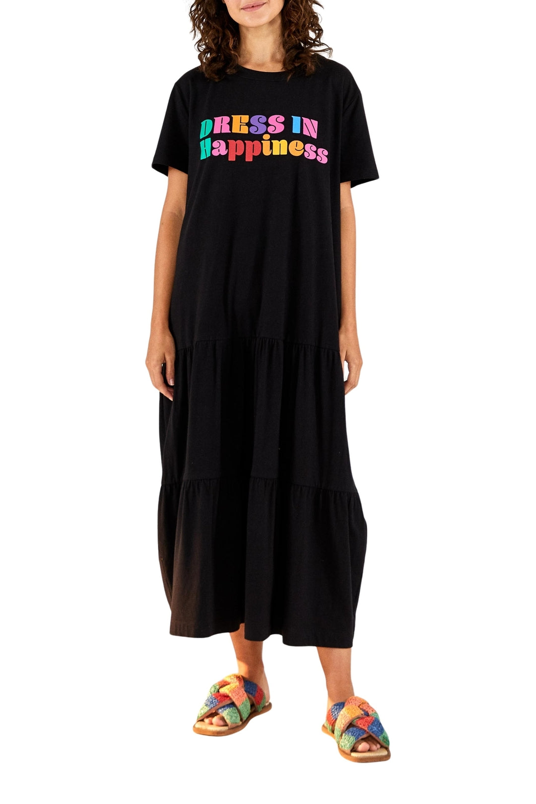Robe longue In Happiness à manches courtes en coton - Noir