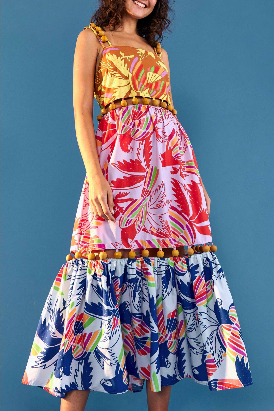 Robe longue Color Birds Balls en coton - Multicolore