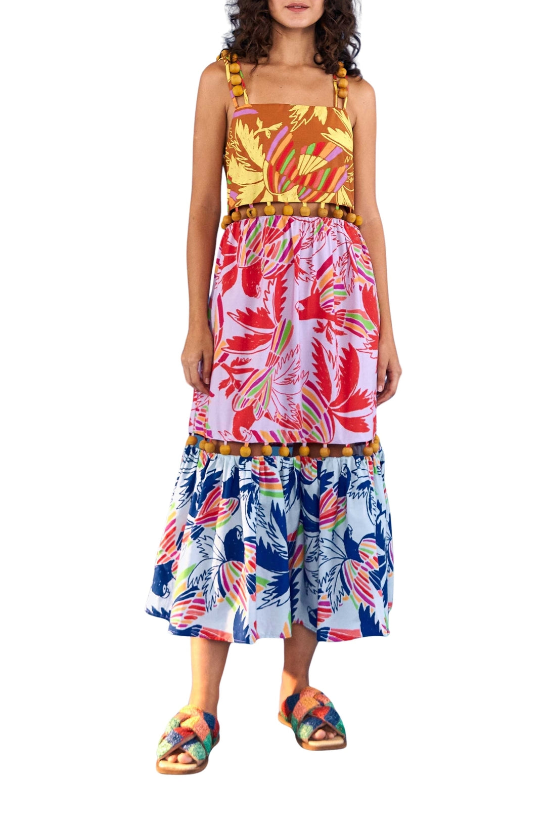 Robe longue Color Birds Balls en coton - Multicolore
