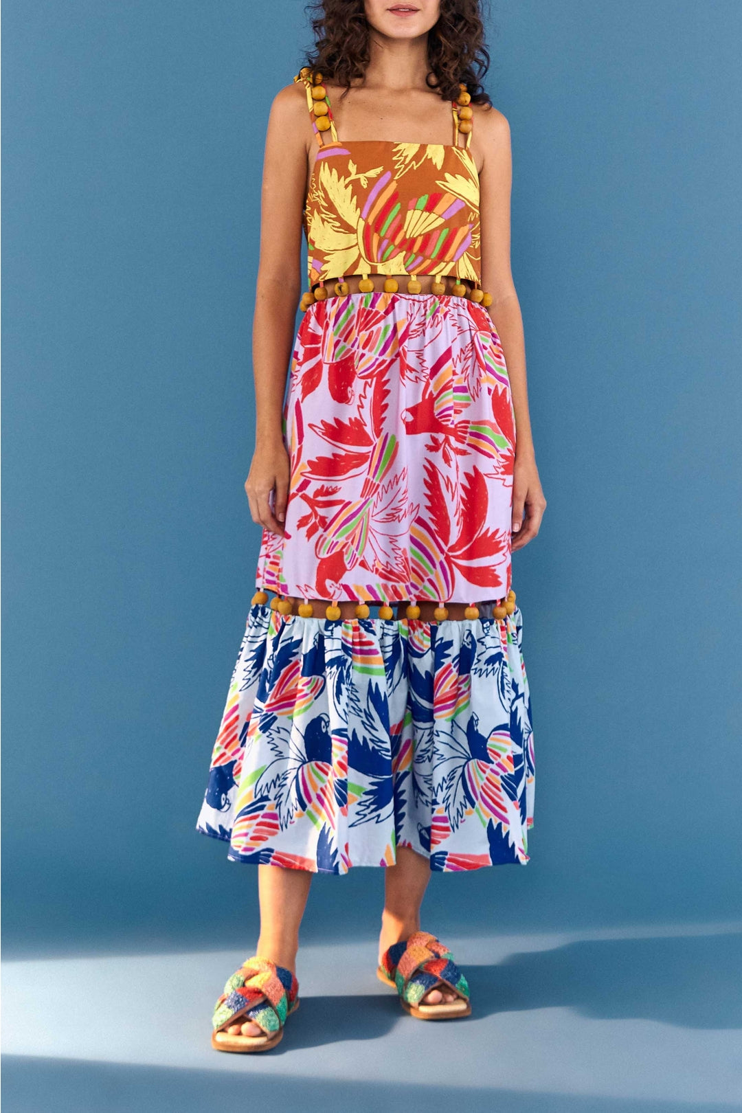Robe longue Color Birds Balls en coton - Multicolore
