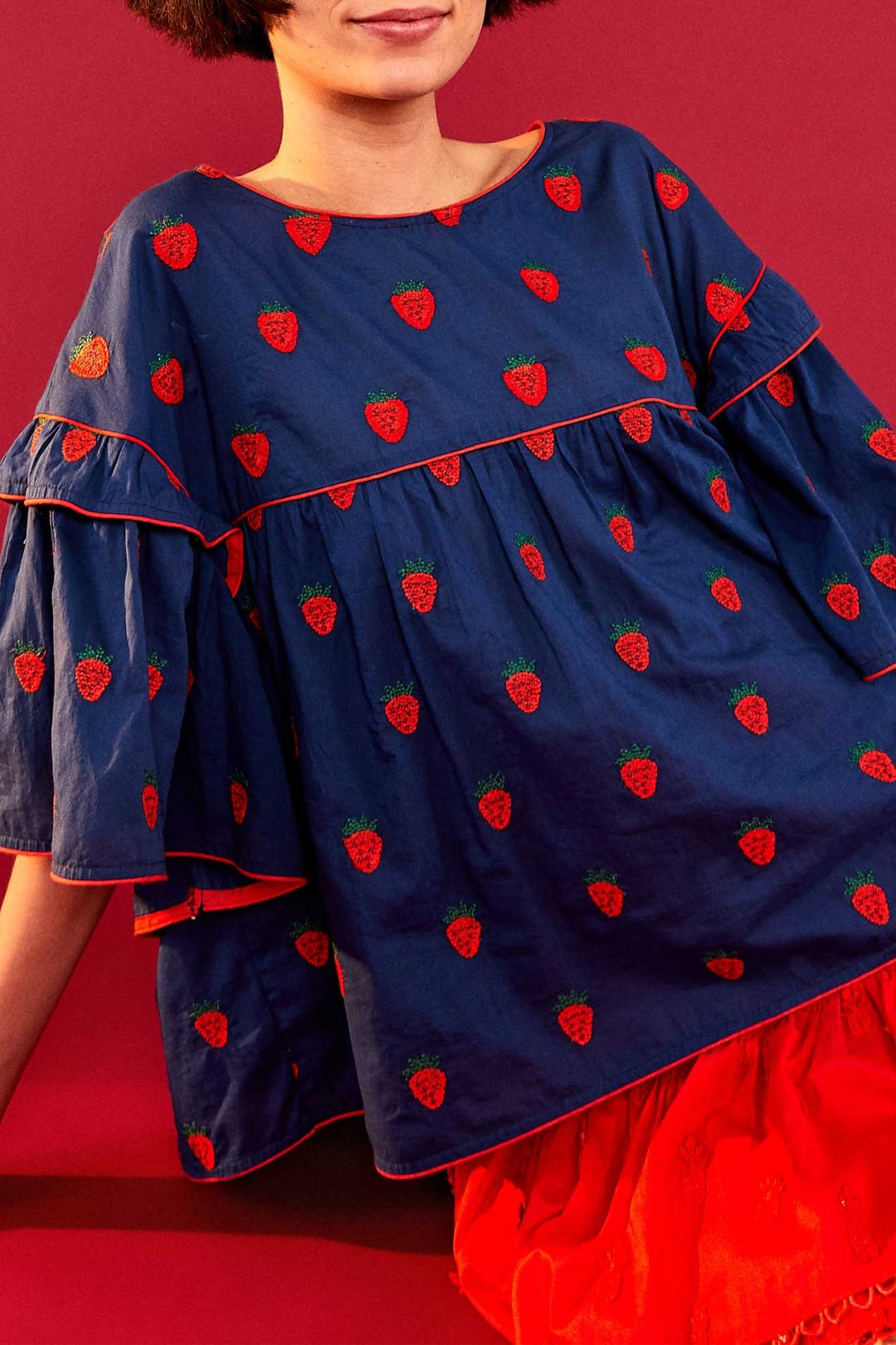 Blouse Strawberry Cross oversize en coton - Bleu