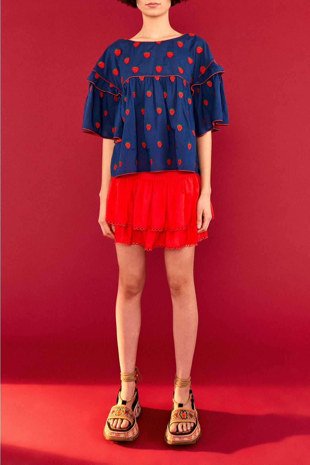 Blouse Strawberry Cross oversize en coton - Bleu
