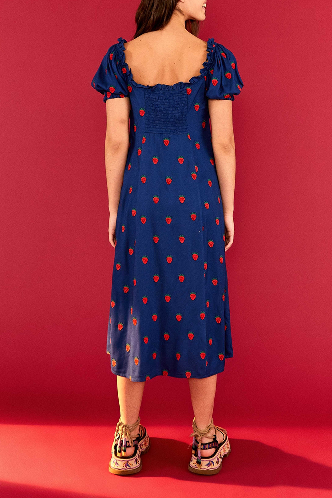 Robe midi à motif de fraises au point de croix - Bleu