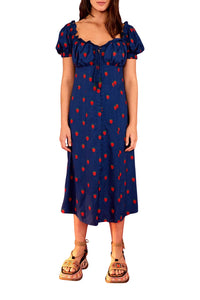 Robe midi à motif de fraises au point de croix - Bleu