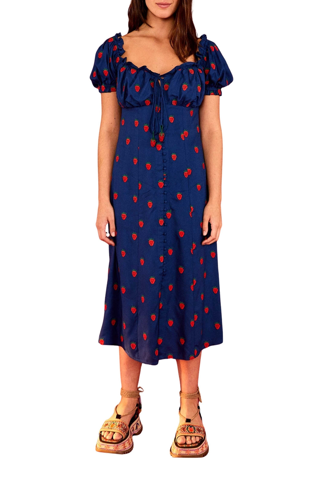 Robe midi à motif de fraises au point de croix - Bleu