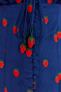 Robe midi à motif de fraises au point de croix - Bleu