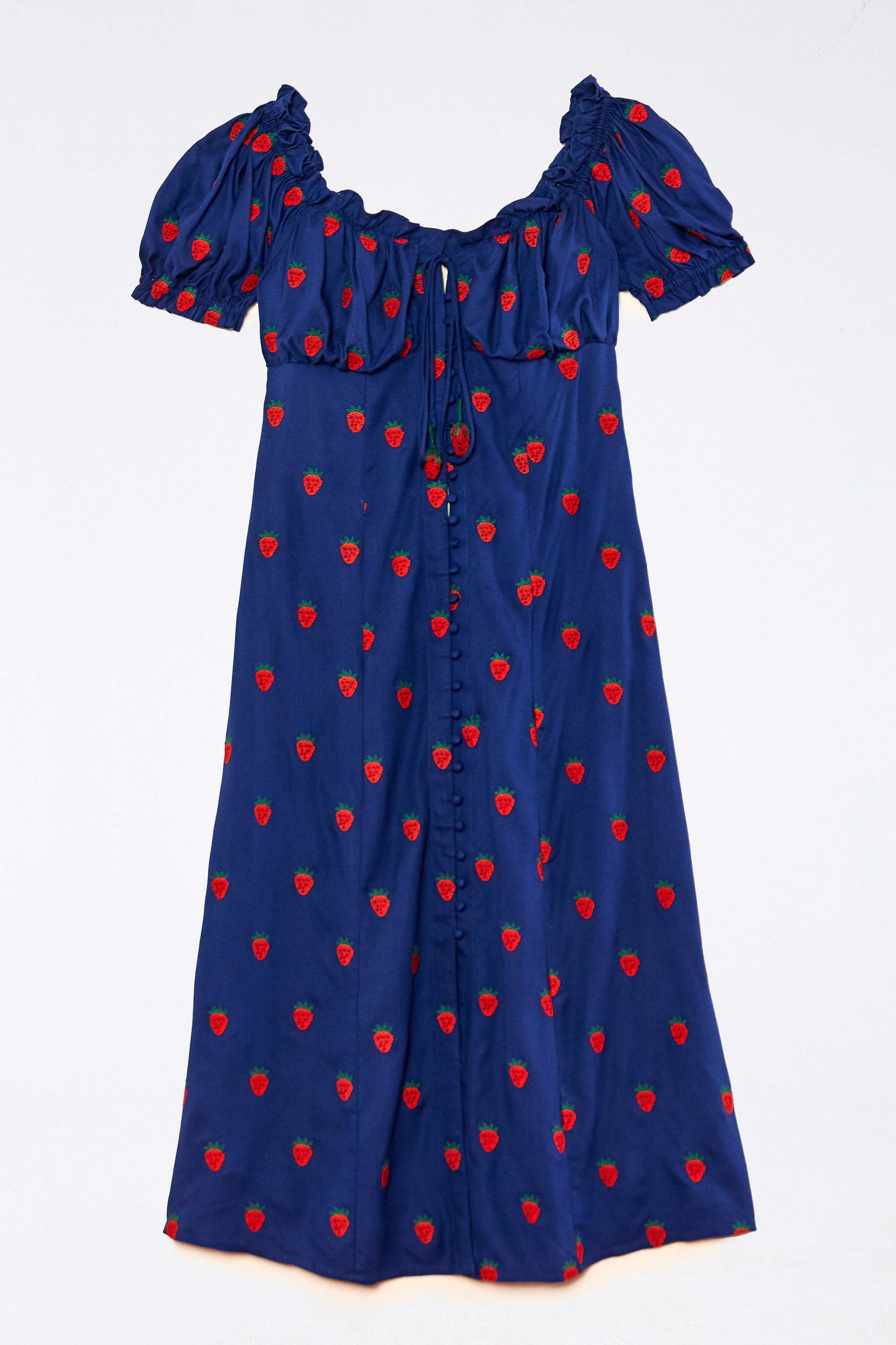 Robe midi à motif de fraises au point de croix - Bleu