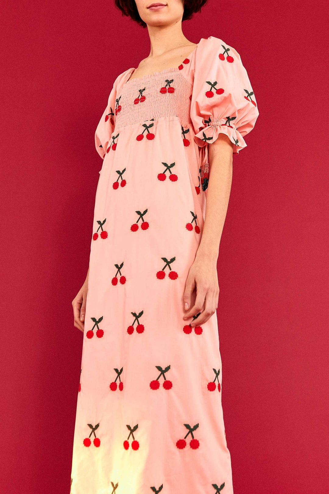 Robe midi à motif de cerises au point de croix en coton - Rose