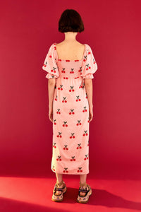 Robe midi à motif de cerises au point de croix en coton - Rose