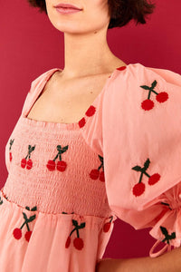 Robe midi à motif de cerises au point de croix en coton - Rose