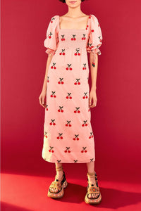 Robe midi à motif de cerises au point de croix en coton - Rose