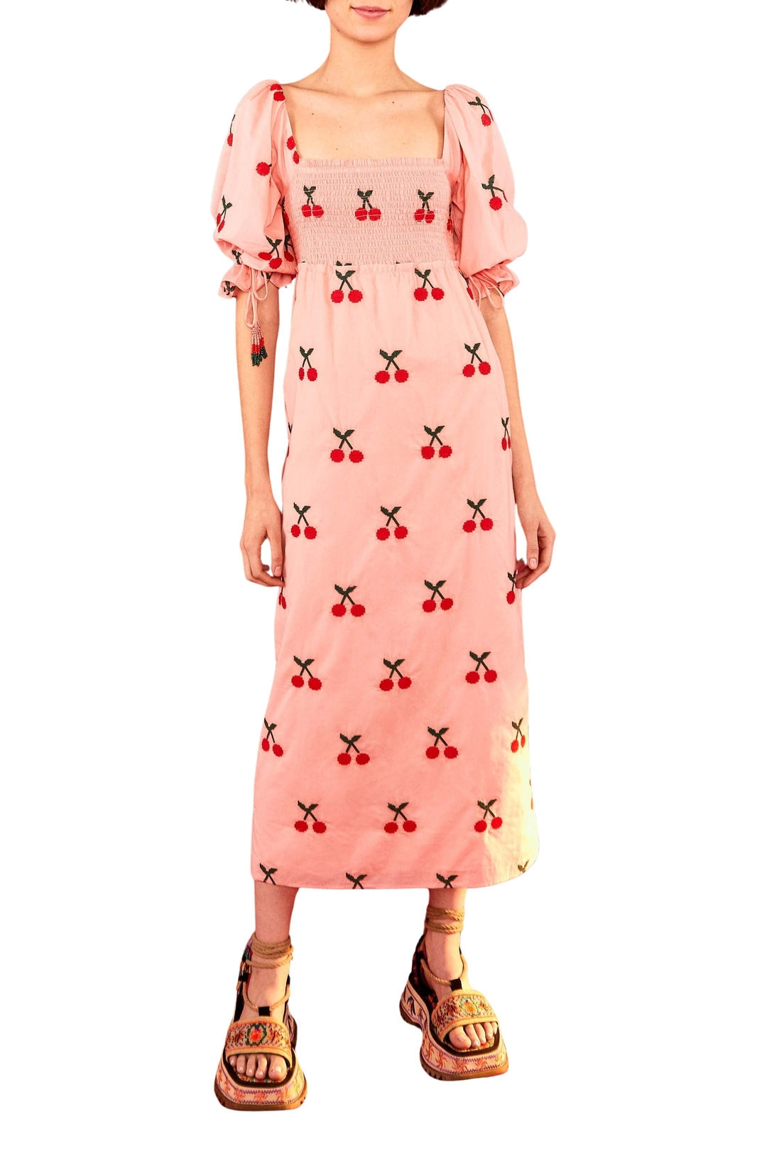 Robe midi à motif de cerises au point de croix en coton - Rose