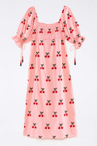 Robe midi à motif de cerises au point de croix en coton - Rose